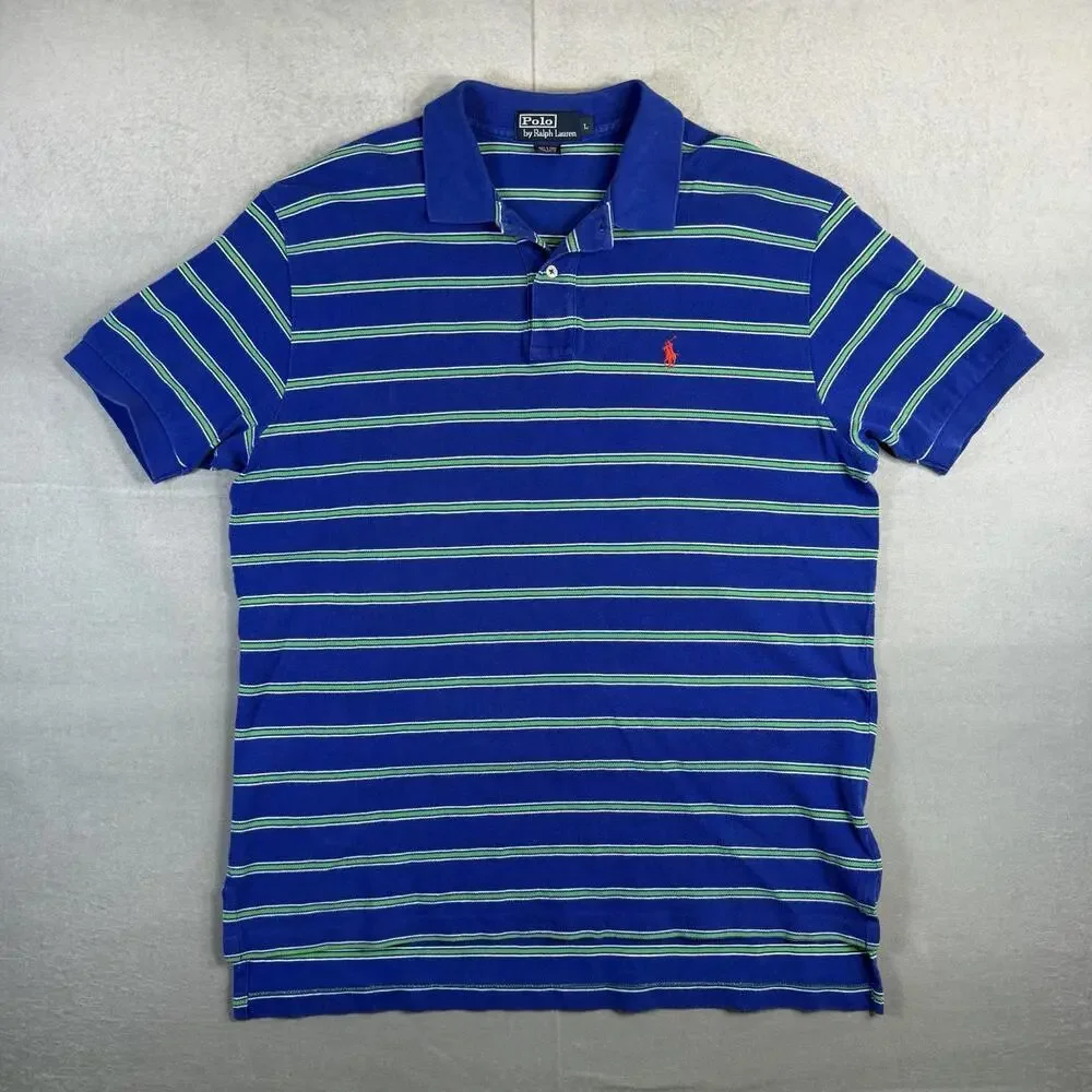 VTG Polo Ralph Lauren Shirt Mens Large Blue Green Striped Pony Short Sleeve 90s